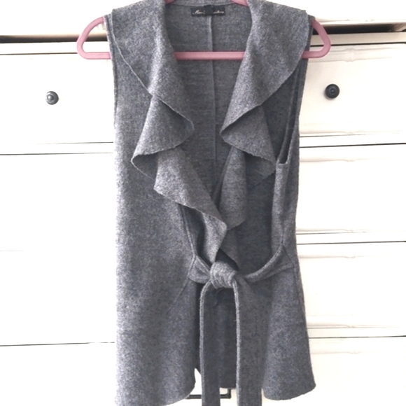 Marisa Christina Grey Long ruffle tie Sleeveless tie wool knit sweater Sz M - Picture 1 of 14